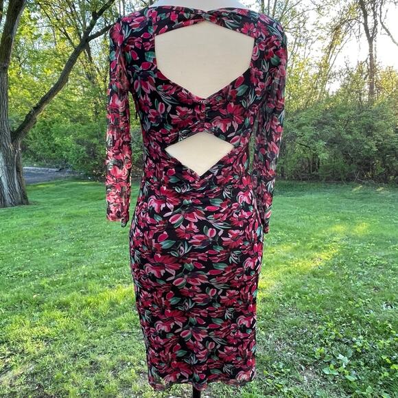 Y2K Cottagecor prairie Sheer Floral Ruched Bodycon Cutout Back GUESS Dress small - Picture 3 of 12